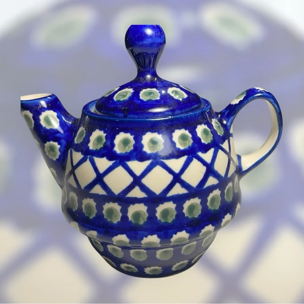Boseslawiec Polish Pottery Artisan Blue and White Floral Teapot